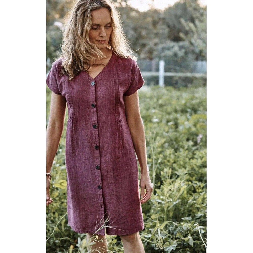 J. Jill 100% Love Linen Cap Sleeve Dress Size XL Maroon Pin-tucked Shirtdress - Picture 9 of 9